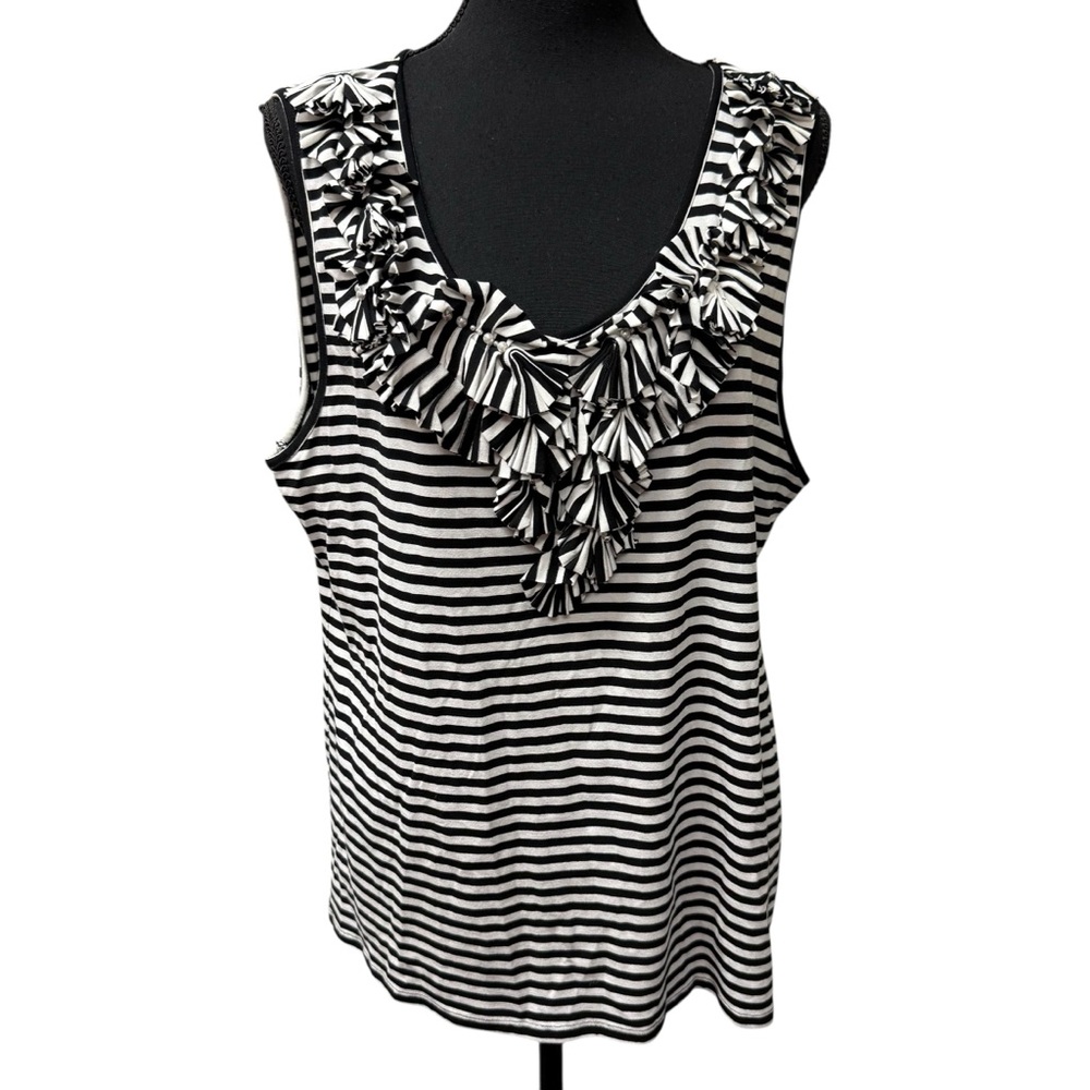 Chaus Black White Striped Ruffle Blouse Sleeveless Dressy Top XL Chic Style